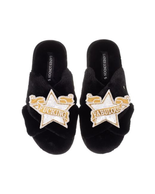 Laines London Black Classic Laines Slippers With Fucking Fabulous Brooches