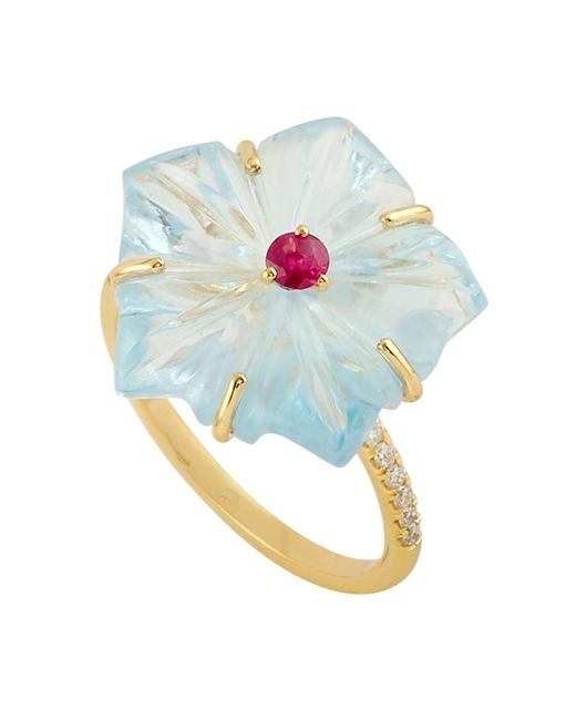 Artisan Blue Flower Shape Ring Ruby Yellow Gold Diamond Mix Stone Jewelry