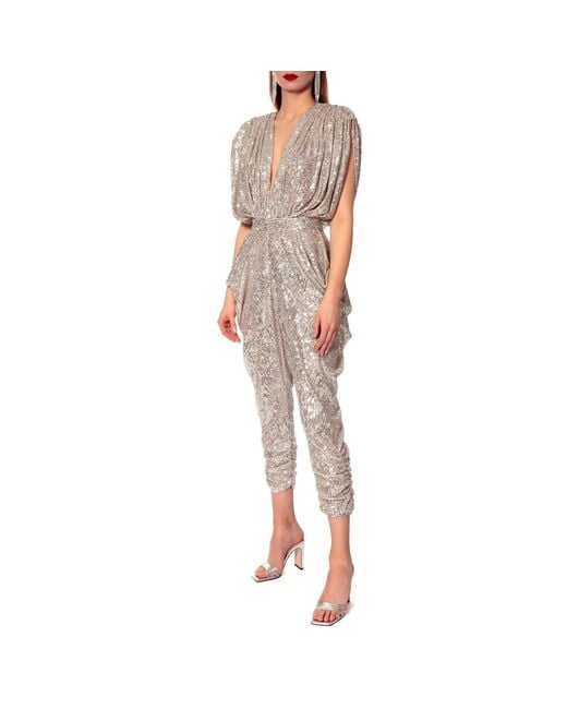 AGGI by HALEWSKI Gray Saddie Champagne Draped Sequinned Jumpsuit