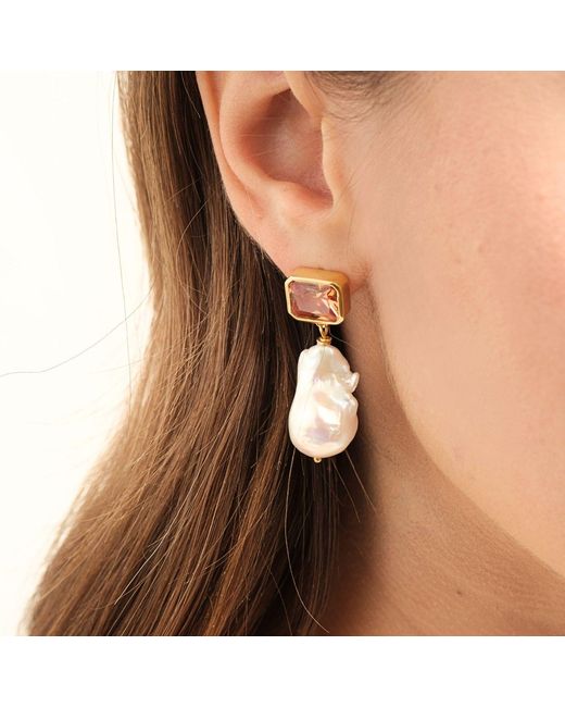 LINYA JEWELLERY Metallic Champagne Crystal Stone Baroque Pearl Dangle Earrings