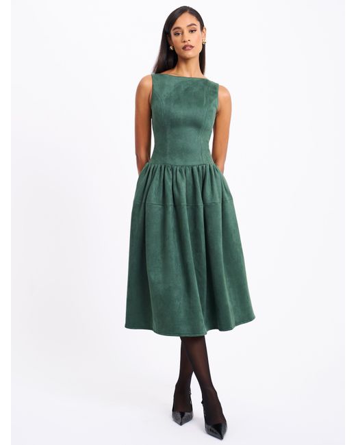 Miss Circle New York Green Laila Suede Boat Neck Backless Midi Dress