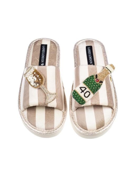 Laines London White Neutrals Flatform Stripe Open Toe Slippers With Champagne 40Th Birthday Brooches