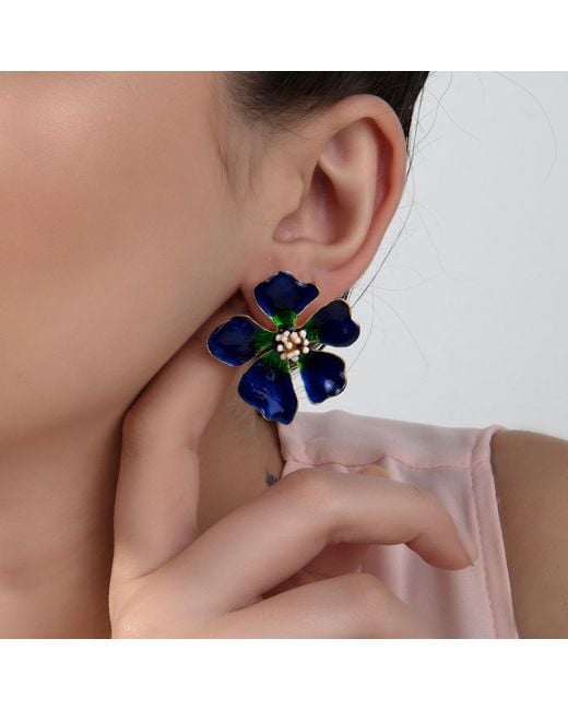 Milou Jewelry Navy Blue & Green Wild Rose Flower Earrings