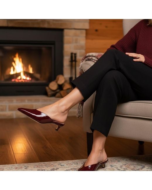 Beautiisoles by Robyn Shreiber Made in Italy Red Gal Burgundy Leather Mule With Low Heel Comfortable For Evening & Day Wear