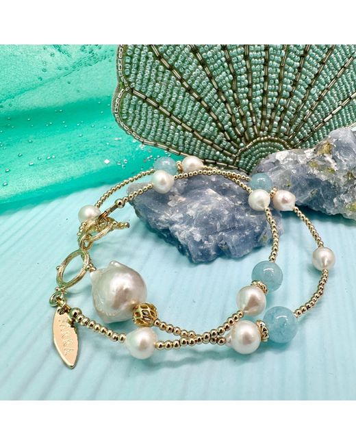 Farra Metallic Aquamarine With Baroque Pearls Double Layer Bracelet Or Choker