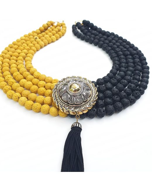 Way to Chic Multicolor Lava Statement Necklace With Antique Light Brooch As Central Pendant