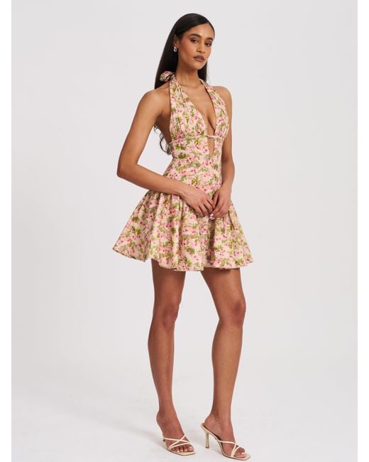 Miss Circle New York Mackenzie & Floral Print Halter Linen Mini Dress in  Metallic | Lyst