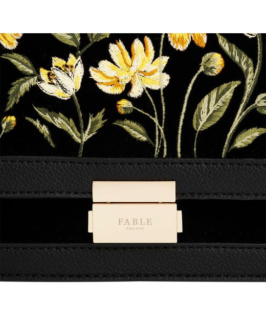 Fable England Black Botanical Velvet Embroidered Foldover Bag