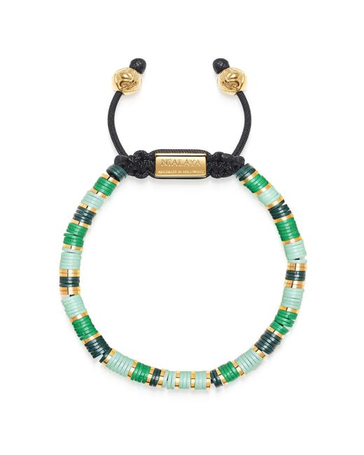 Nialaya Beaded Bracelet With Green And Gold Disc Beads for men
