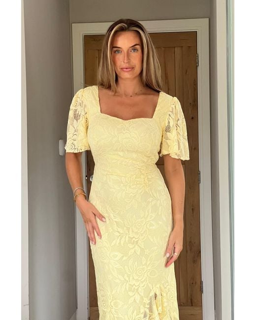 Girl In Mind Yellow Heidi Lace Ruched Midi Dress