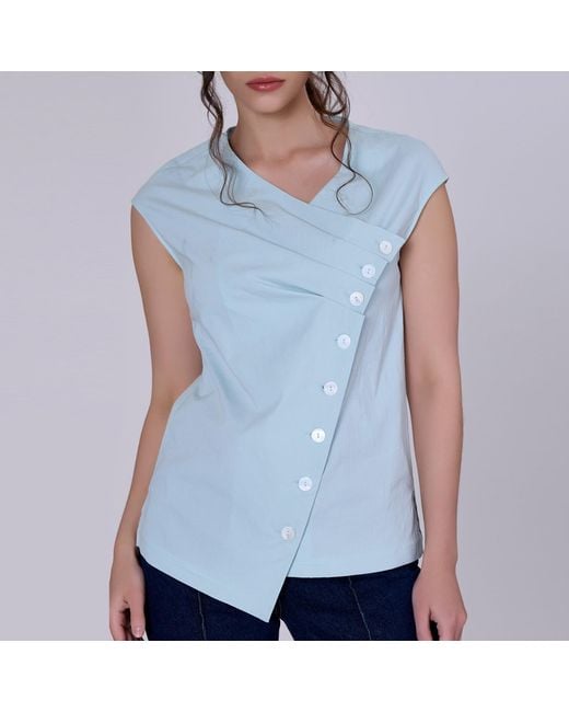 Smart and Joy Blue Double Breasted Pleated Asymmetric Top