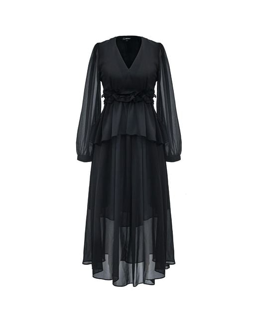Smart and Joy Black Long Ruffle Chiffon Dress