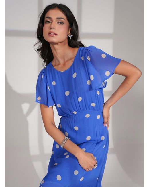 Rose & Nancy Blue Joanna And Polka Dot Print Frill Sleeve Maxi Dress