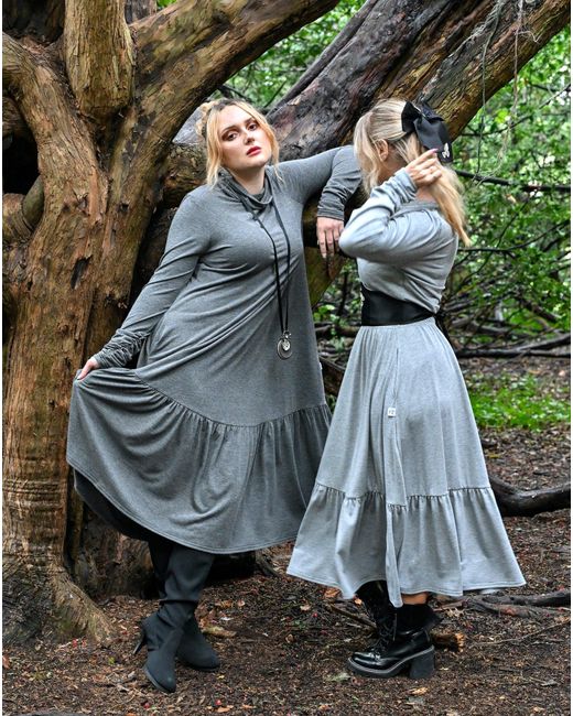 Frock Tales Gray Boho Gathered Midi Skirt With Pockets