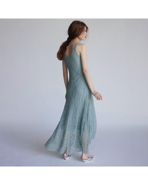 Belsize25 Blue Trumpet Dress Flared Sleeveless Sheer Lace Knit Dress