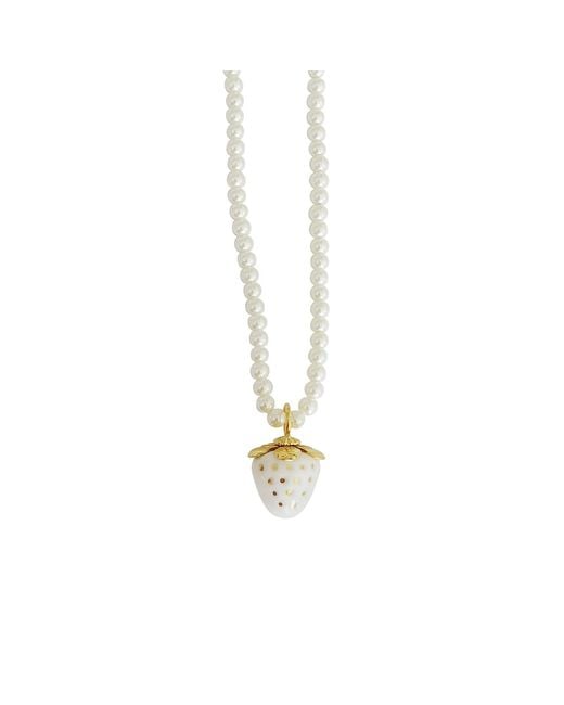 POPORCELAIN Metallic Mini Porcelain Strawberry Swarovski Pearl Necklace