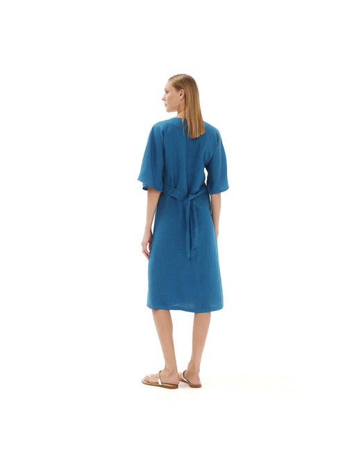 Haris Cotton Blue Notched Neckline Linen Dress With Batwing Sleeve