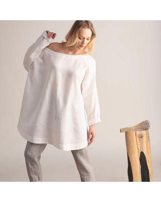 Nikka Place White Linen Summer Tunic With Off Shoulder And Long Sleeves