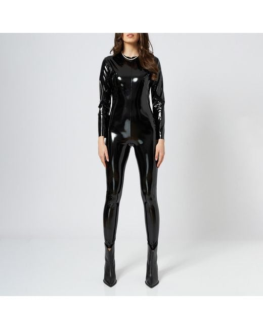 LIA ARAM Black Long-Sleeve Faux-Leather Jumpsuit