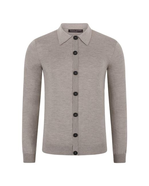 Paul James Knitwear Gray Extra Fine Merino Wool Cassius Polo Cardigan for men