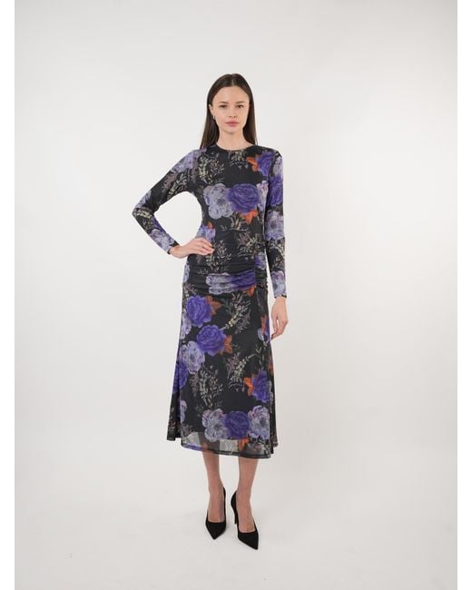 John Abgin Blue Floral Mesh Gathered Midi Dress