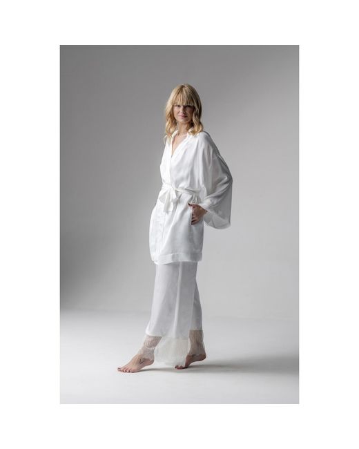 Oh!Zuza White Grace Satin Viscose Short Kimono Robe Cream