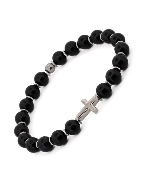 Ebru Jewelry Black Sterling Cross Onyx Beaded Bracelet for men