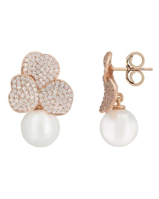 Latelita London Natural Rose Iris Flower And Pearl Dangle Earrings Rosegold