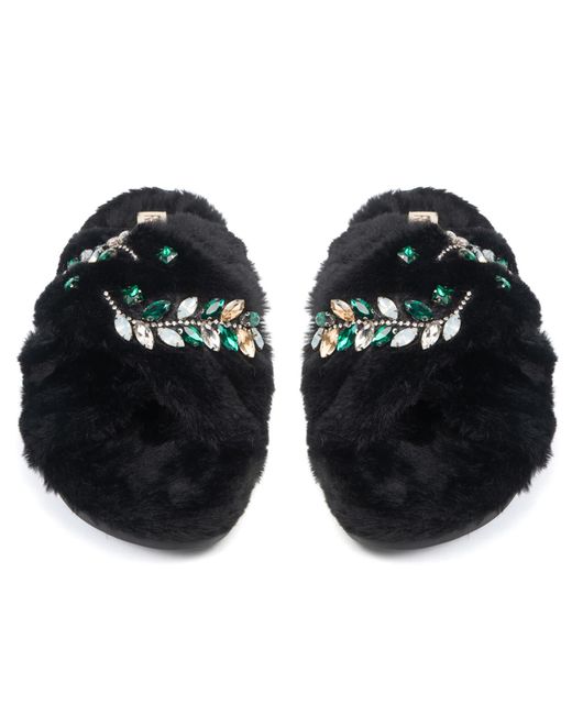 Rettrose Black Thea Luxury Plush Diamanté Embellished Handmade Slipper