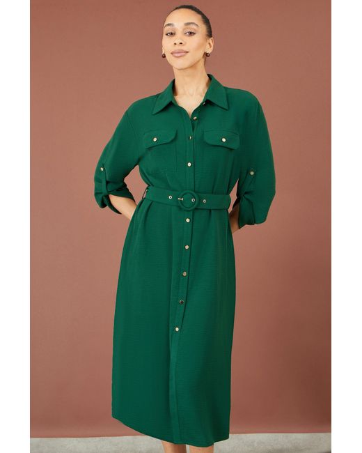 Yumi' Green Stretch Midi Shirt Dress