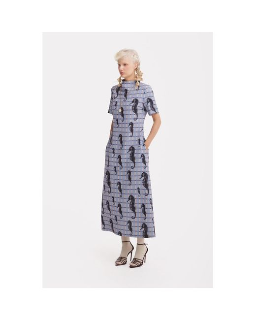 Julia Allert Gray Neutrals Pale Seahorse Grid Print Fluid A-Line Dress – Capsule Edition