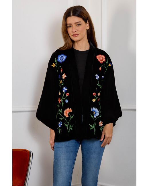 Artemis Muse Black Regal Floral & Bird Embroidery Velvet Luxury Kimono