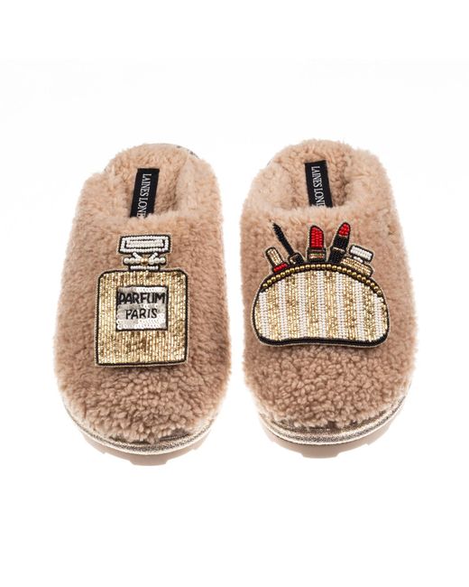 Laines London Natural Neutrals Teddy Closed Toe Slippers With Beauty Bag & Perfume Brooches