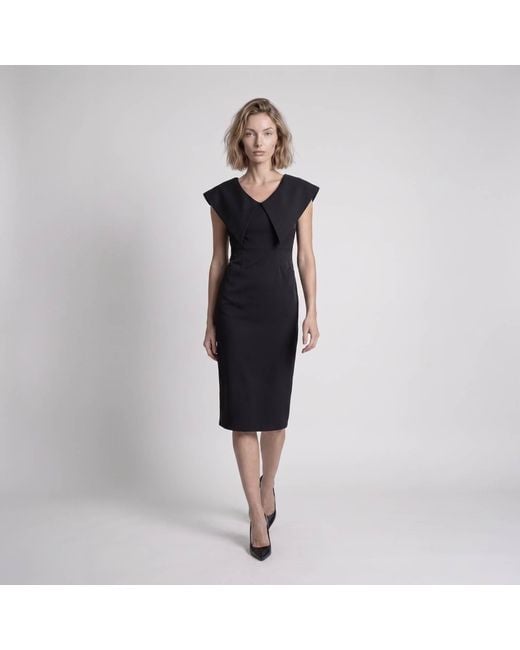 Modenaire Black Wide Collar Midi Sheath Dress