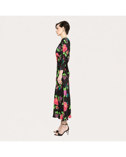 Nissa Green Puff-Sleeves Viscose Midi Dress