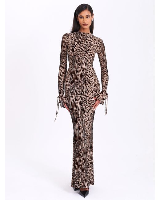 Miss Circle New York Gray Neutrals Waylynn Nude Animal Print Burnout Velvet Detail Mesh Backless Maxi Dress