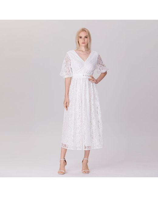 Smart and Joy White All-Lace Puffy Sleeves Dress With Belt