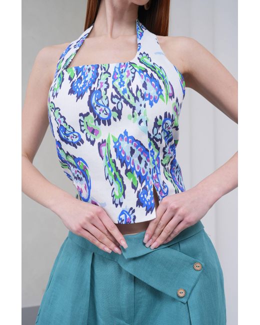 Lumina Eligma Blue The Halterline Linen Blouse