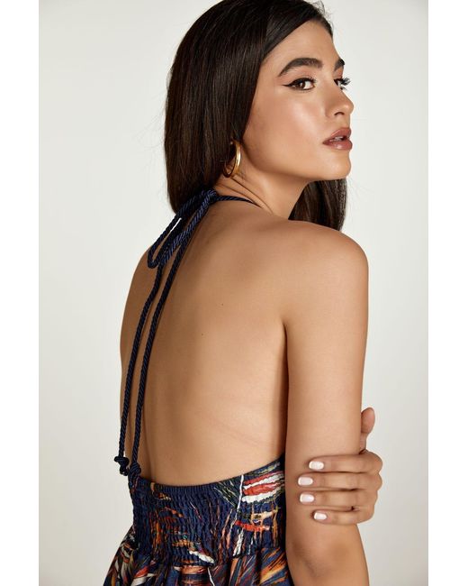 Conquista Blue Leaf Print Empire Line Mini Dress