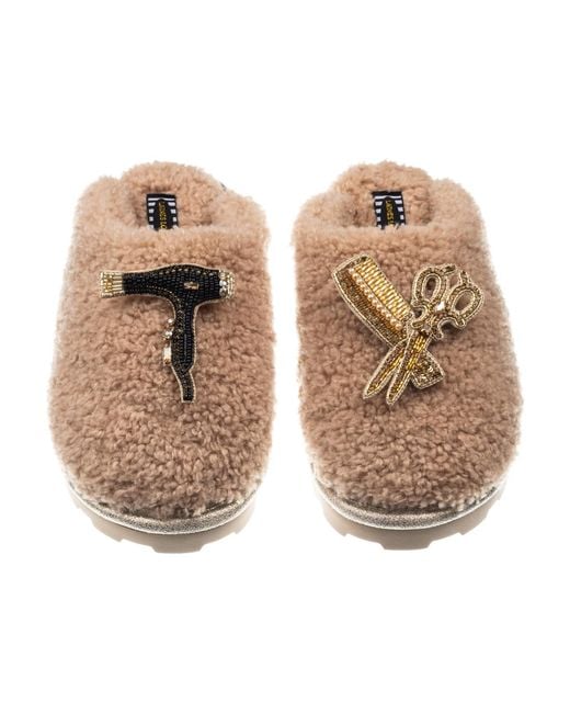 Laines London Natural Neutrals Teddy Closed Toe Slippers With Hairdresser Brooches