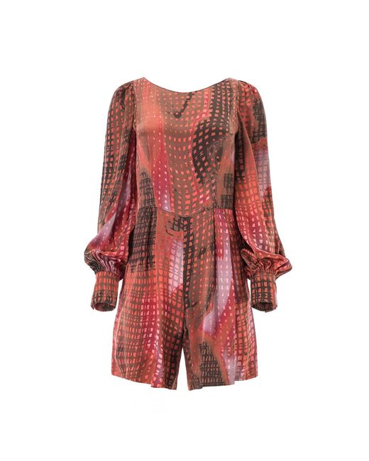 Lita Couture Red Fluid Silk Blend Graphic Print Jumpsuit