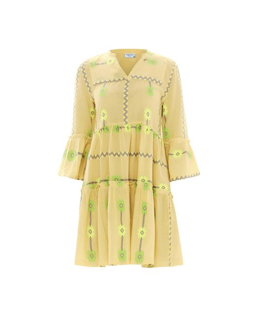 Haris Cotton Cami Embroidered Cotton Dress With Bell Sleeves And Hem Yellow- Green