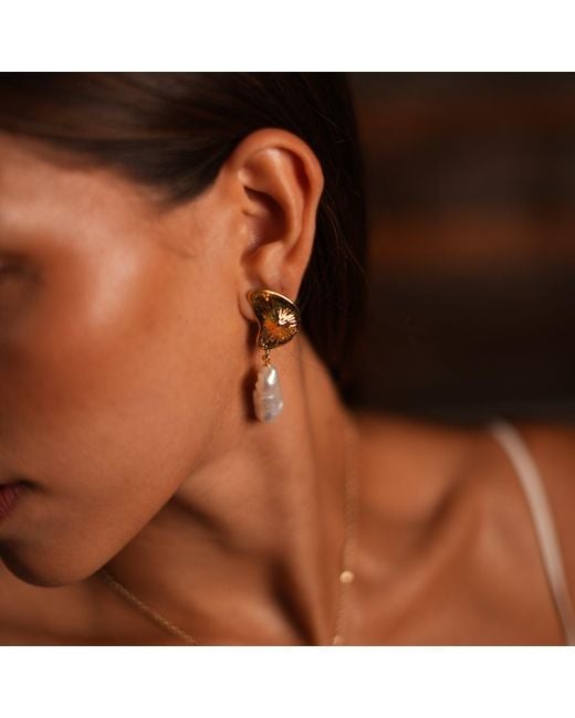Ebru Jewelry Metallic Sea Shell & Pearl Drop Good Luck Earrings