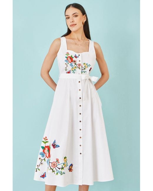 Yumi' White Cotton Midi Dress With Embroidery