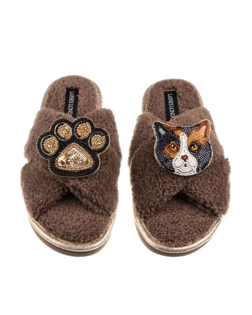 Laines London Brown Neutrals Boucle Slippers With Paw & Calico British Shorthair Cat Brooches