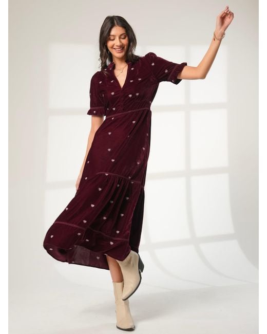 Rose & Nancy Purple Sara Burgundy Heart Embroidered Velvet Dress