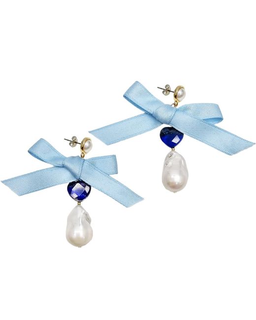 Farra Blue Baroque Pearl With Lapis And Silk Bowknot Earrings