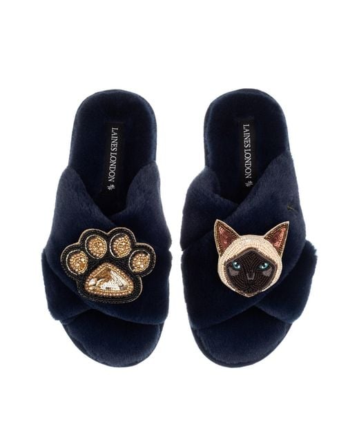 Laines London Blue Classic Laines Slippers With Paw & Siamese Cat Brooches