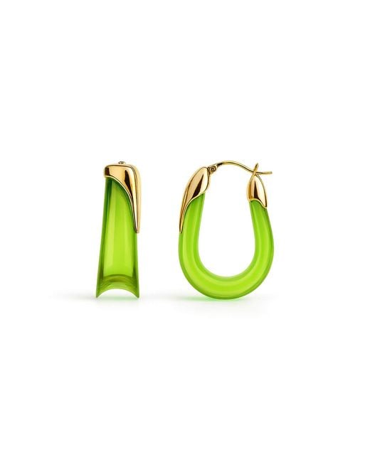 Gold & Honey Green Peridot Sculpted U Lucite Birthstone Hoop Earrings