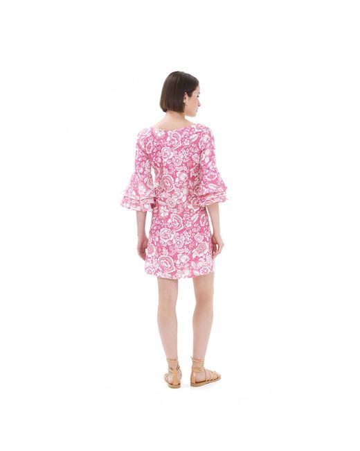 Haris Cotton Pink V Neck Printed Linen Dress With Frill Sleeve